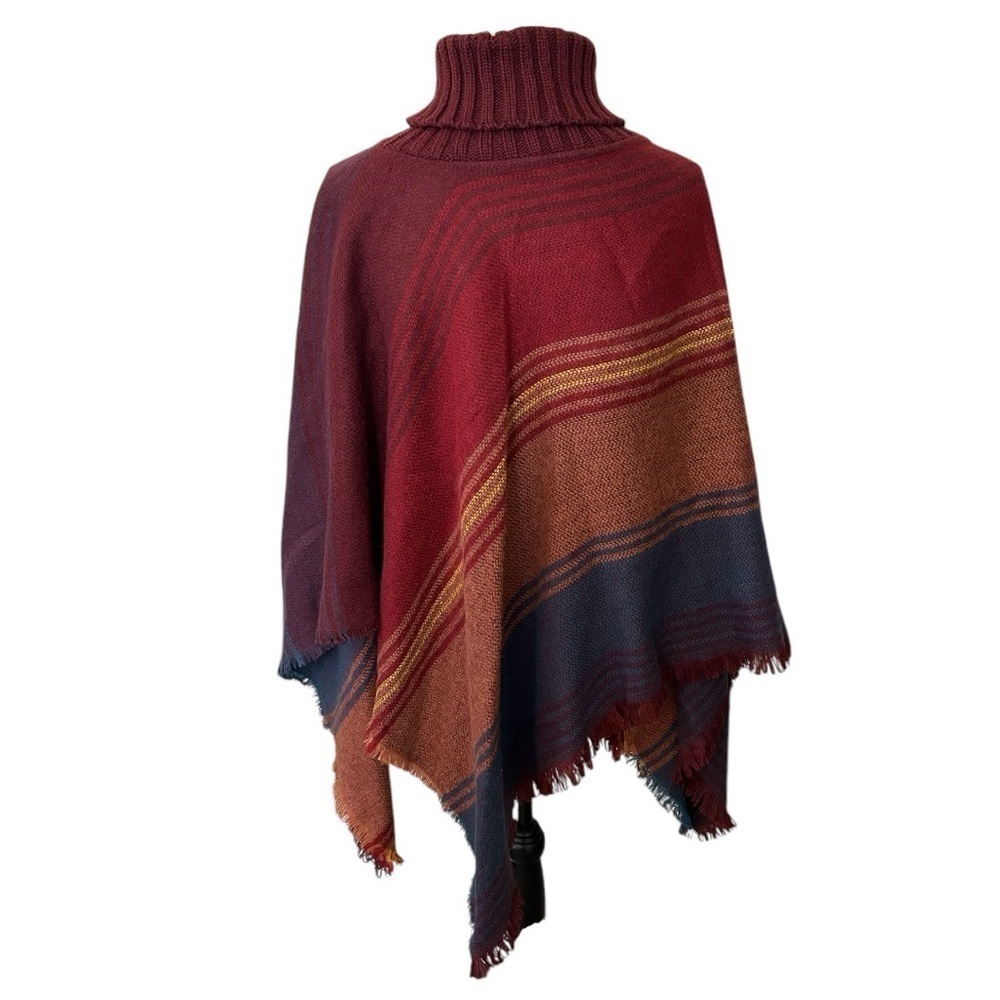 TAHARI Southwest Fringed Mock Neck Pullover Diagonal Stripes Blanket Poncho Boho